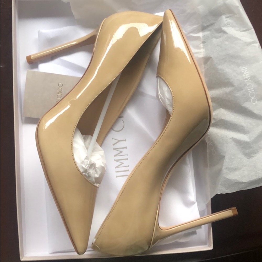 Jimmy Choo Romy 100 Nude patent leather pumps